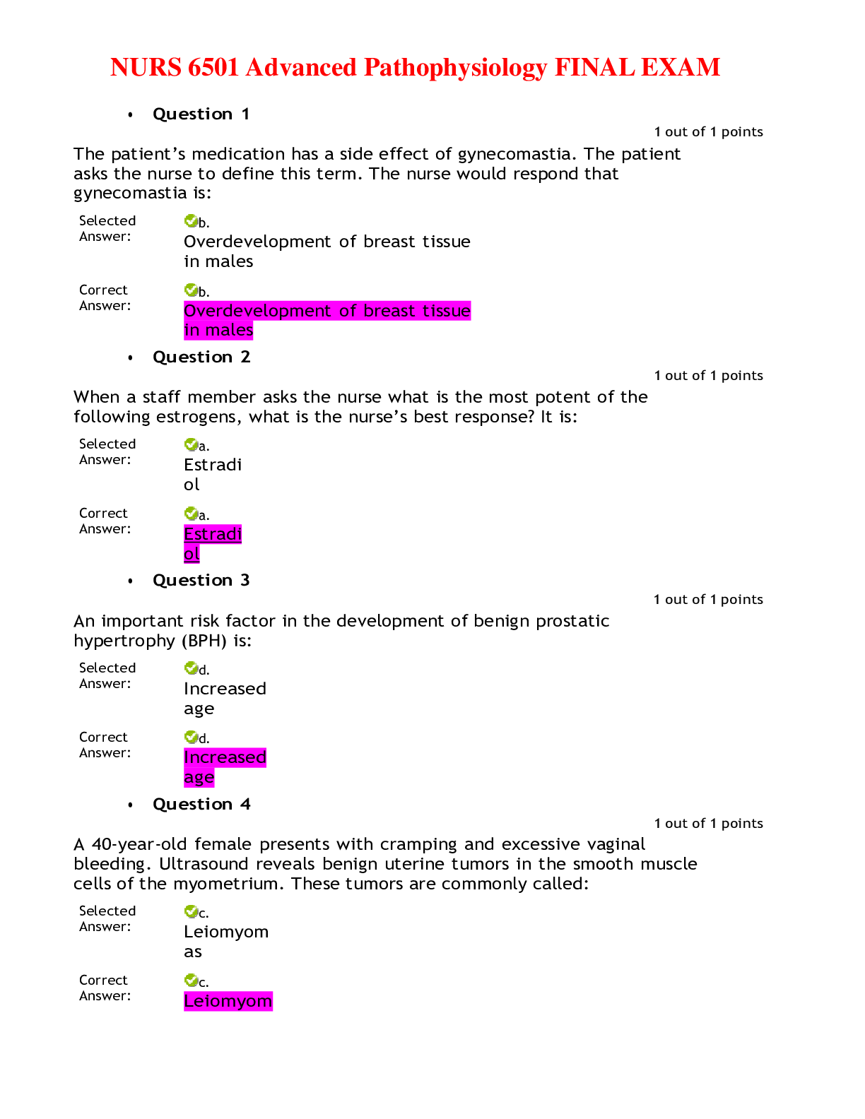 Preview image of NURS 6501 Advanced Pathophysiology FINAL EXAM /Graded A document